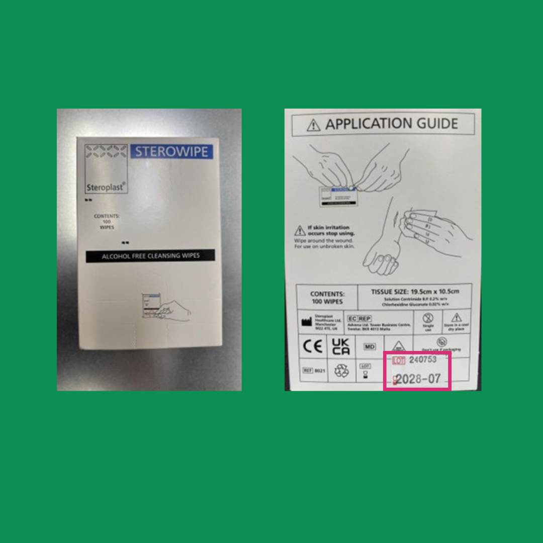 Kuva 1 ja 2_ Sterowipe Alcohol Free Cleansing Wipe, 100 kpl_n pakkaus.  Eränumero ja viimeinen käyttöpäivä on painettu pakkaukseen