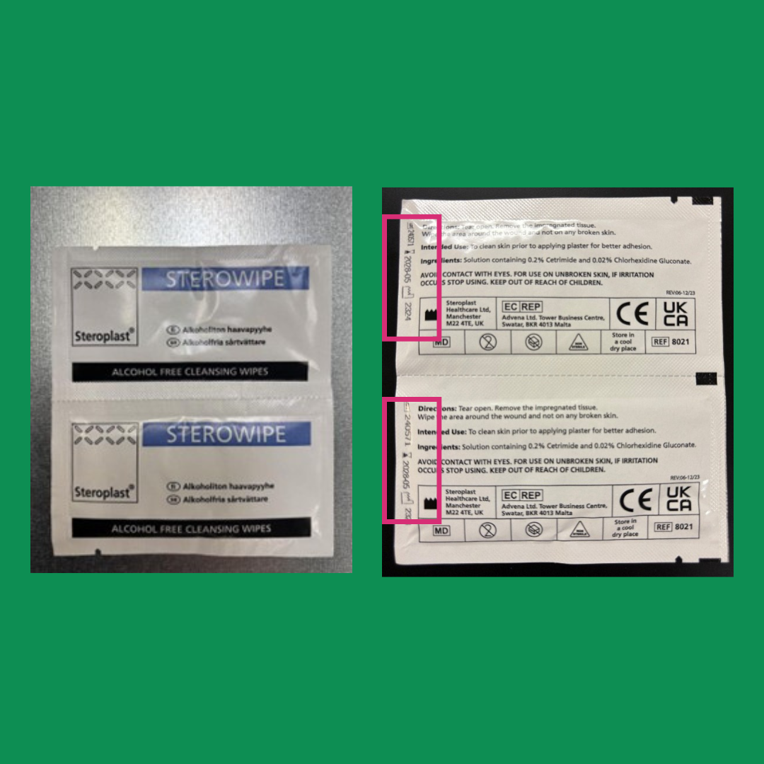 Kuva 3 ja 4_ Sterowipe Alcohol Free Cleansing Wipe, saatavana myös muissa kappalemäärissä.  Eränumero ja viimeinen käyttöpäivä on painettu pakkaukseen