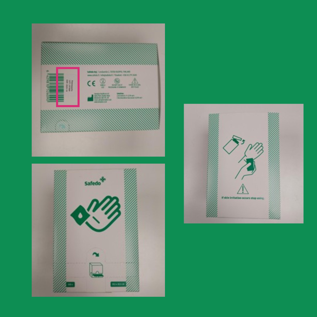 Kuvat 5, 6 ja 7_ Sterowipe Alcohol Free Cleansing Wipe sisältyy Safedo haavapyyherasiaan. Viimeinen käyttöpäivä on painettu pakkaukseen